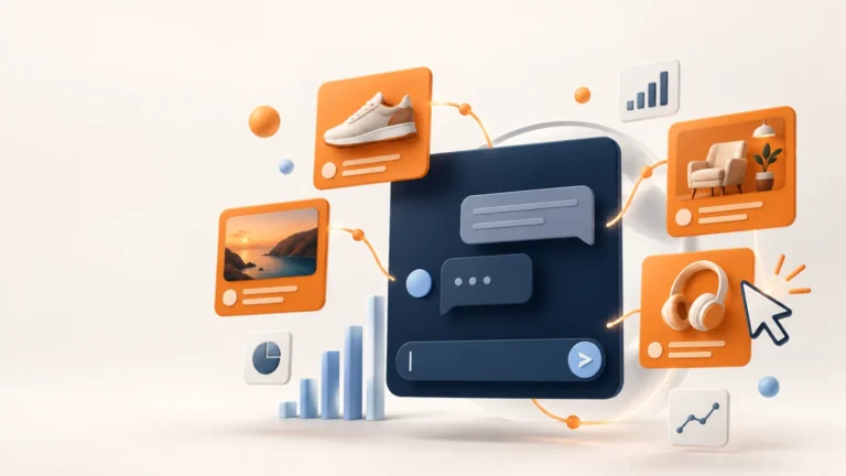 Abstract conversational advertising interface with product cards and campaign measurement signals