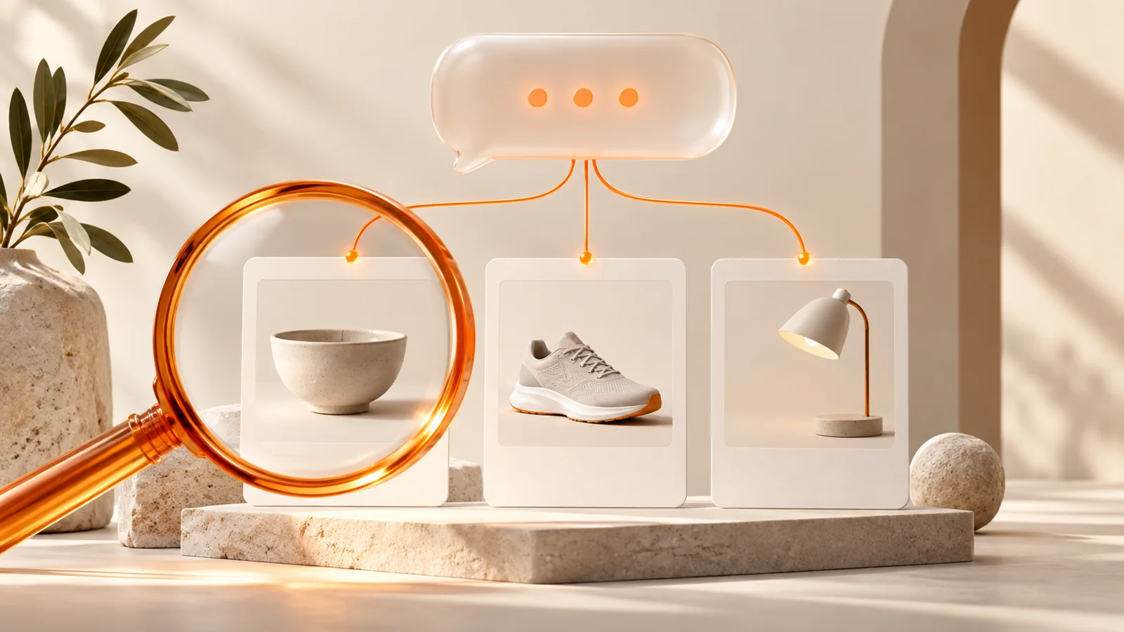 An orange magnifying glass over product cards connected to a conversational AI symbol.